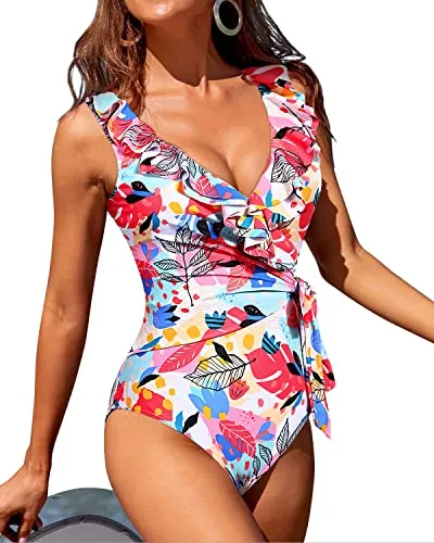 Chic High Waist Tummy Control Wrapped One Piece Swimsuits For Women-Colorful Leaves
