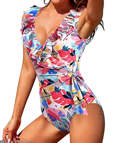 Chic High Waist Tummy Control Wrapped One Piece Swimsuits For Women-Colorful Leaves