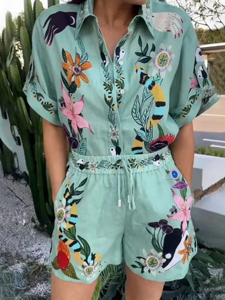 Chic Printed Summer Women Two Piece Set Short Sleeve Shirt Tops & Drawstring Shorts Set Outfits