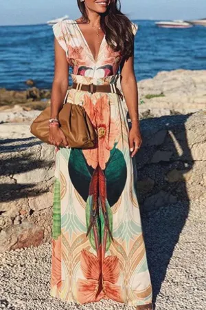 CHICMY- Casual Print Patchwork V Neck Straight Jumpsuits
