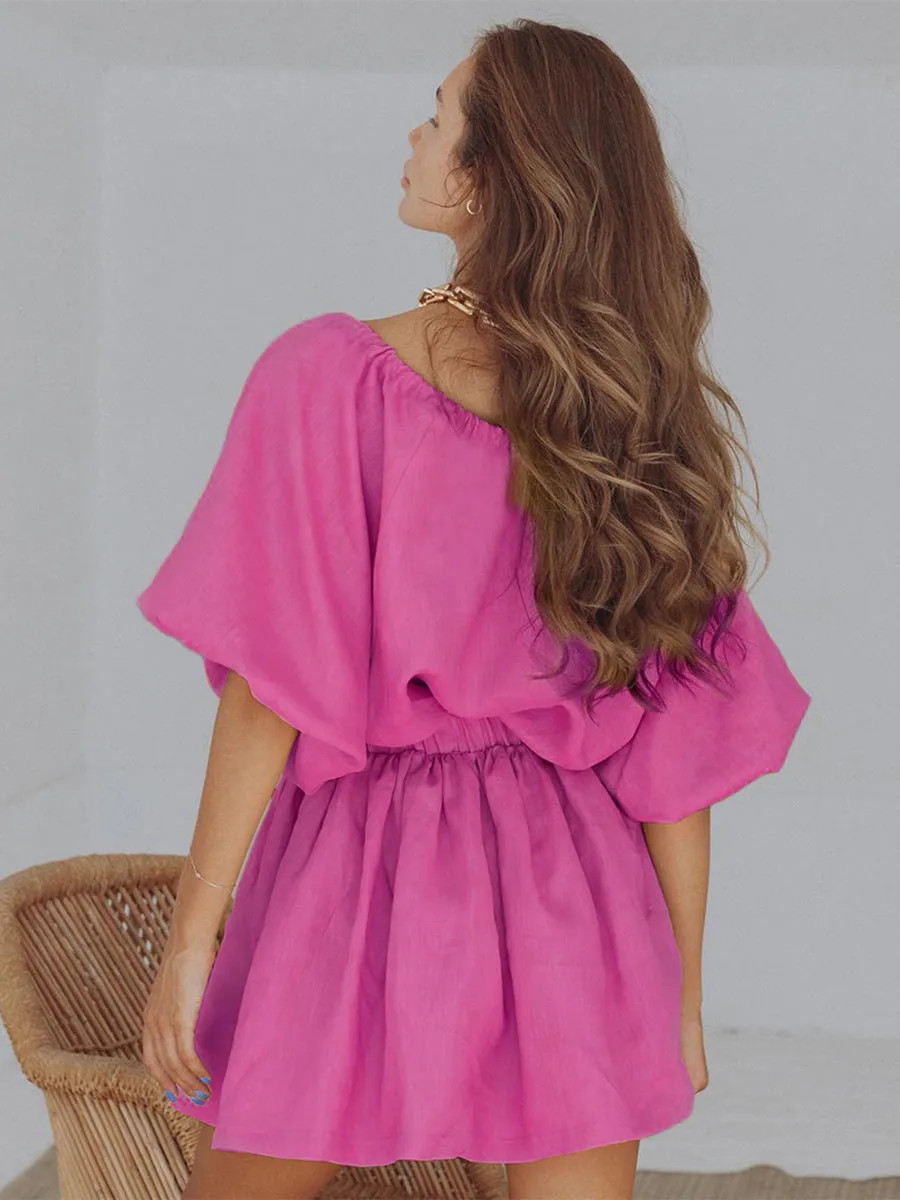 CHICMY- Women's Summer Cotton Linen 2Piece Set Puff Sleeve V-Neck Top and Short Skirt Pink Color