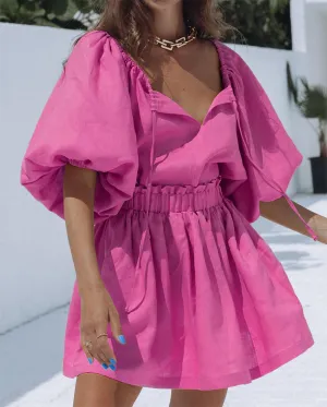 CHICMY- Women's Summer Cotton Linen 2Piece Set Puff Sleeve V-Neck Top and Short Skirt Pink Color