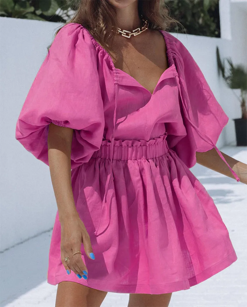 CHICMY- Women's Summer Cotton Linen 2Piece Set Puff Sleeve V-Neck Top and Short Skirt Pink Color