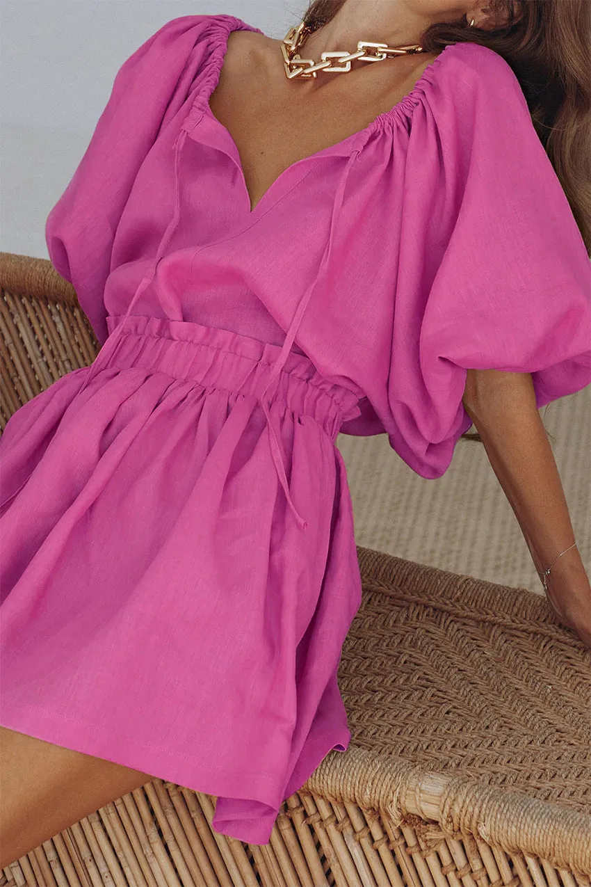 CHICMY- Women's Summer Cotton Linen 2Piece Set Puff Sleeve V-Neck Top and Short Skirt Pink Color