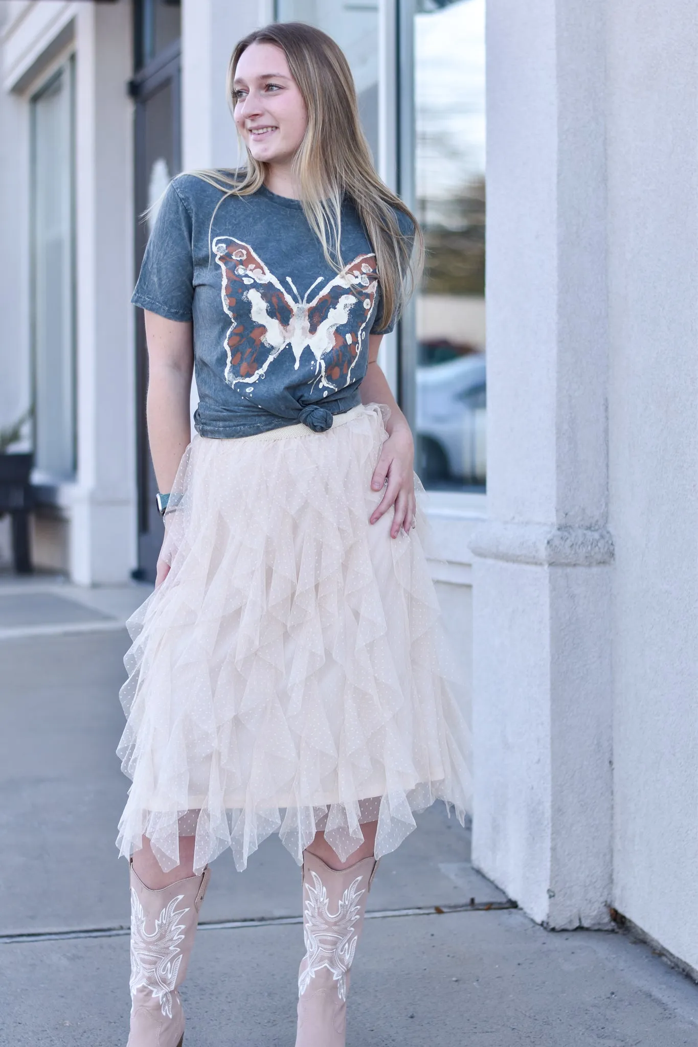 Chéri Ruffled Tulle Midi Skirt
