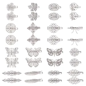 Cinaci 32 Pack/16 Pairs Small Metal Silver Retro Vintage Leaf Flower Butterfly Alligator Hair Clips Duckbill Mini Barrettes Decorative Tiny Hair Pins Accessories for Women Girls Fine Thin Short Hair