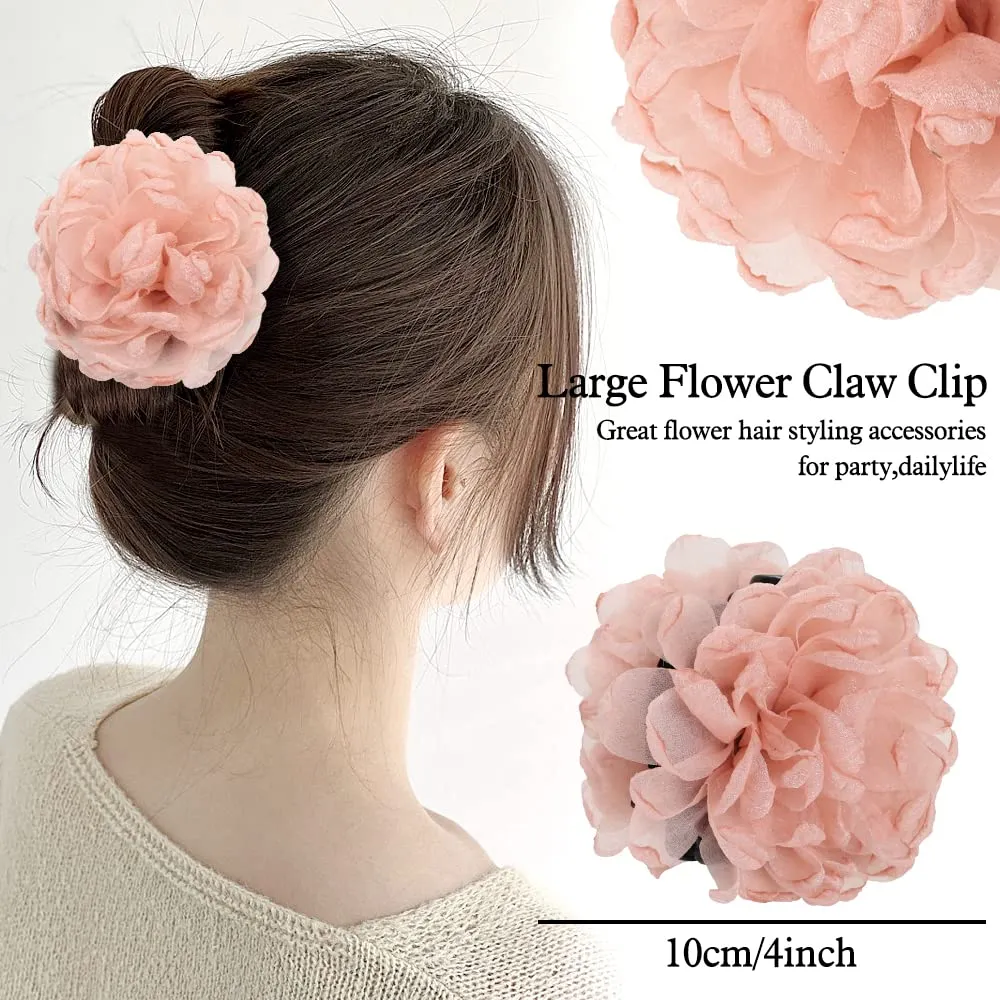 Cinaci 4 Pack Large Tulle Gauze Ruffle Rose Flower Plastic Hair Claws Clips Big Silk Fabric Floral Hair Bow Jaw Barrettes Clamps Bun Updo Holders Decorative Fancy Hair Accessories for Women Girls