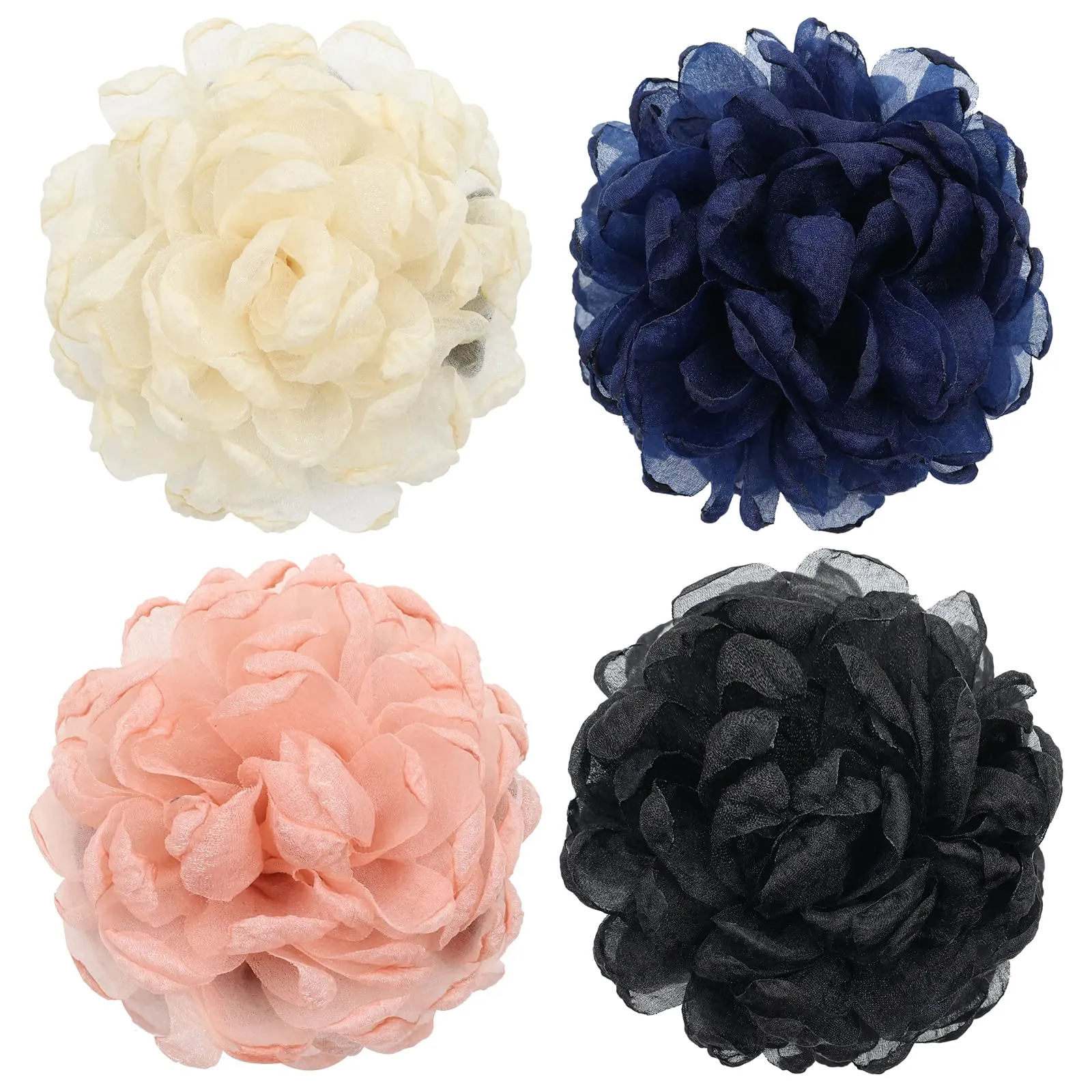 Cinaci 4 Pack Large Tulle Gauze Ruffle Rose Flower Plastic Hair Claws Clips Big Silk Fabric Floral Hair Bow Jaw Barrettes Clamps Bun Updo Holders Decorative Fancy Hair Accessories for Women Girls