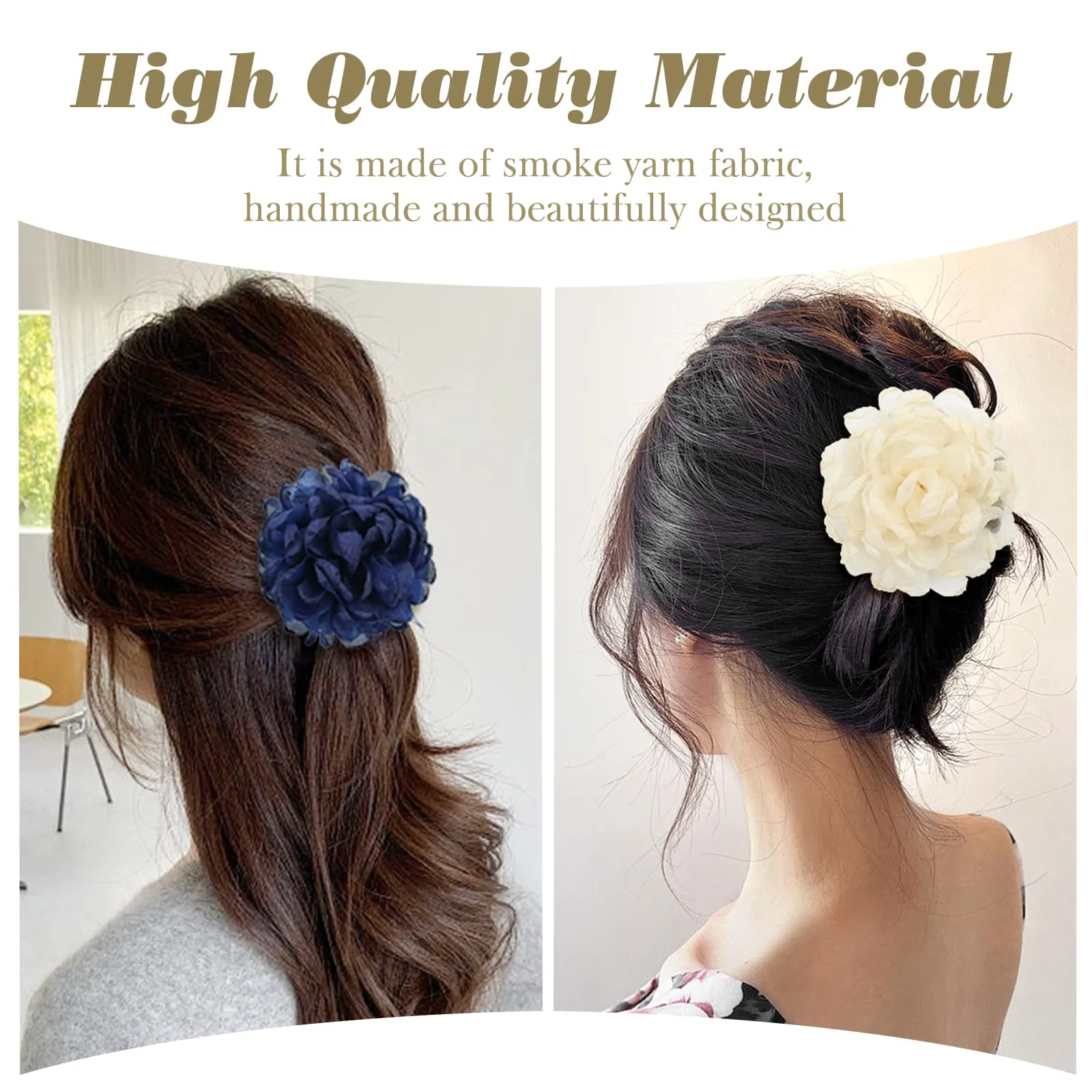 Cinaci 4 Pack Large Tulle Gauze Ruffle Rose Flower Plastic Hair Claws Clips Big Silk Fabric Floral Hair Bow Jaw Barrettes Clamps Bun Updo Holders Decorative Fancy Hair Accessories for Women Girls