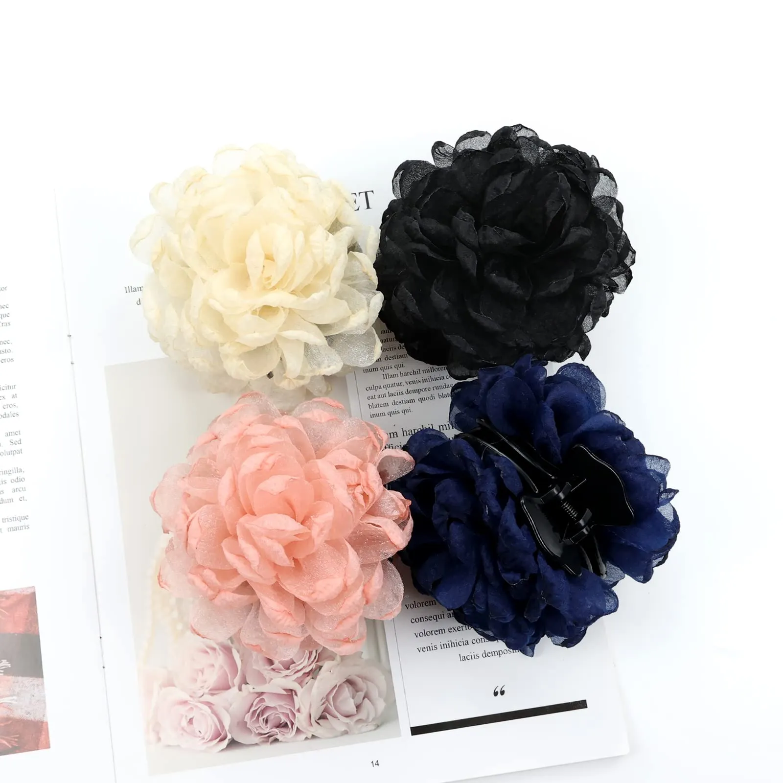Cinaci 4 Pack Large Tulle Gauze Ruffle Rose Flower Plastic Hair Claws Clips Big Silk Fabric Floral Hair Bow Jaw Barrettes Clamps Bun Updo Holders Decorative Fancy Hair Accessories for Women Girls