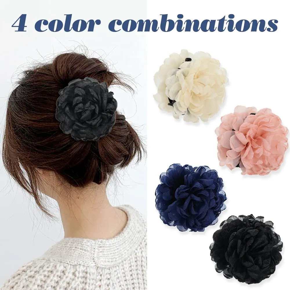 Cinaci 4 Pack Large Tulle Gauze Ruffle Rose Flower Plastic Hair Claws Clips Big Silk Fabric Floral Hair Bow Jaw Barrettes Clamps Bun Updo Holders Decorative Fancy Hair Accessories for Women Girls