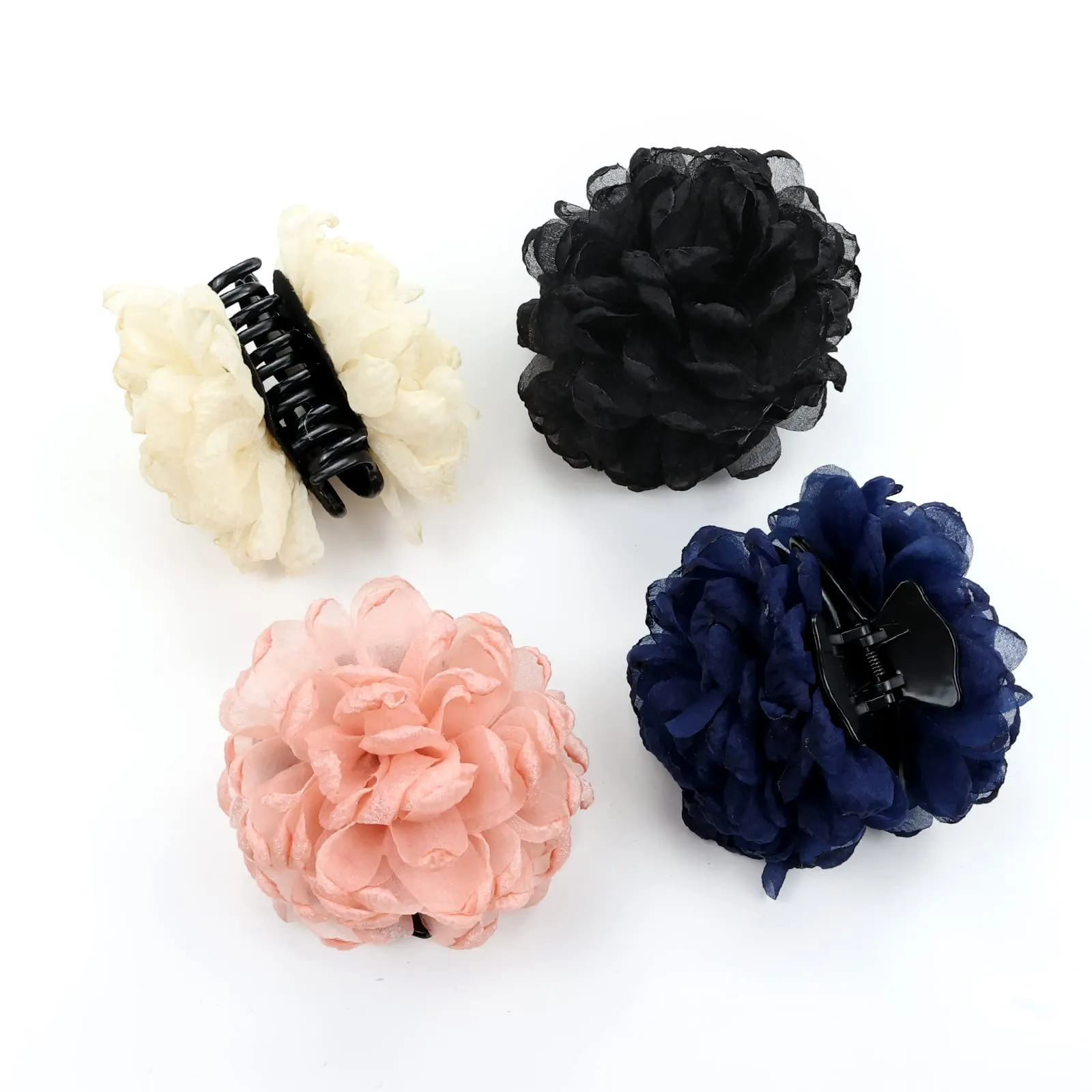 Cinaci 4 Pack Large Tulle Gauze Ruffle Rose Flower Plastic Hair Claws Clips Big Silk Fabric Floral Hair Bow Jaw Barrettes Clamps Bun Updo Holders Decorative Fancy Hair Accessories for Women Girls