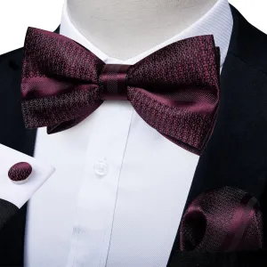 Claret Solid Silk Pre-tied Bow Tie Hanky Cufflinks Set
