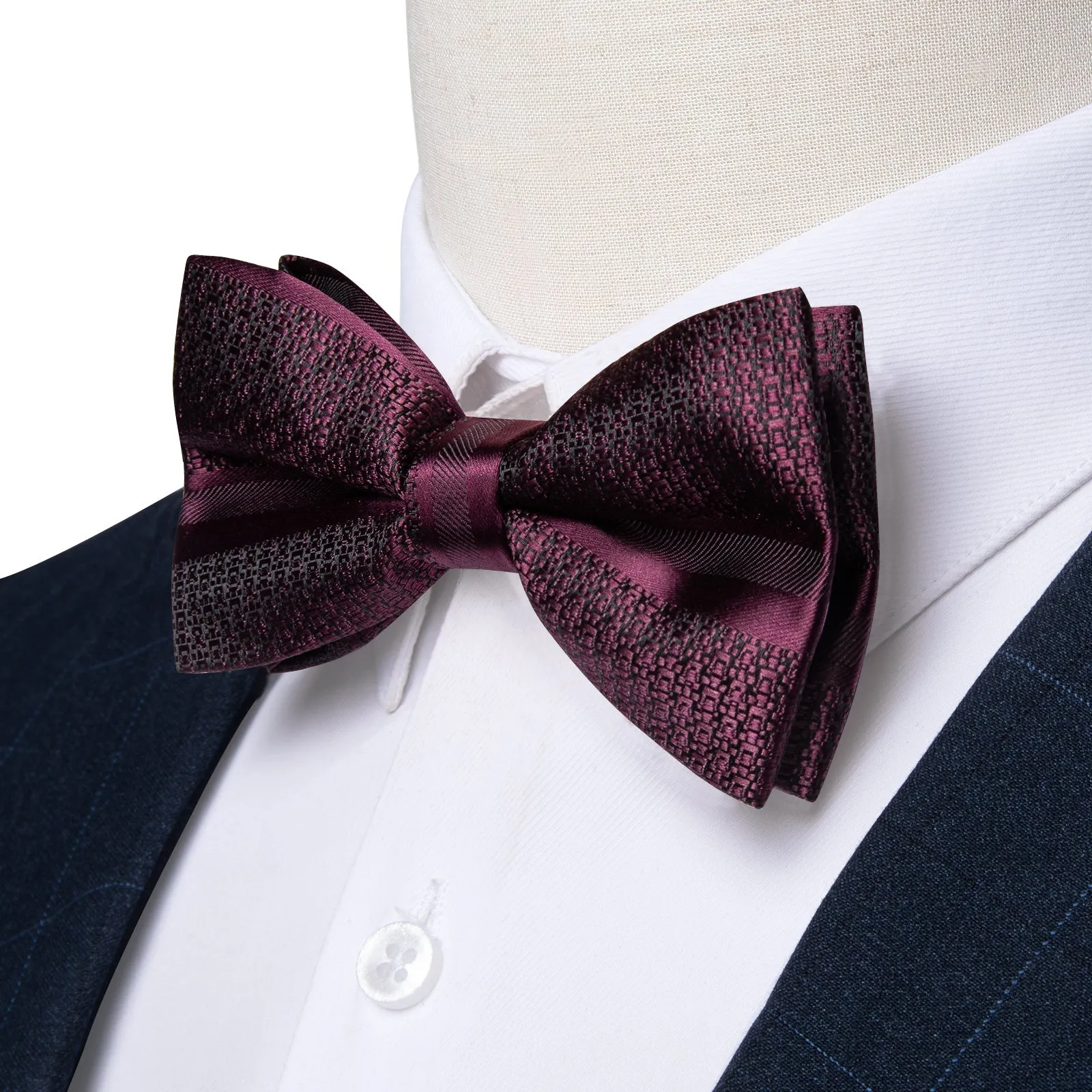Claret Solid Silk Pre-tied Bow Tie Hanky Cufflinks Set