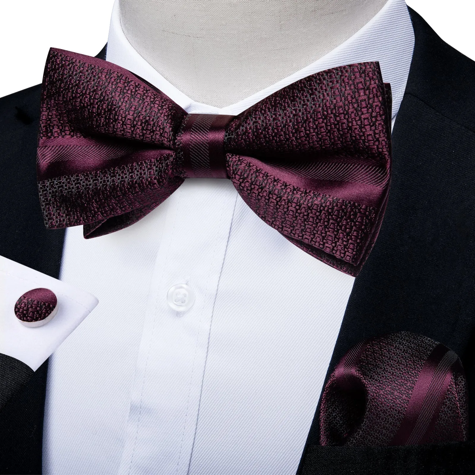 Claret Solid Silk Pre-tied Bow Tie Hanky Cufflinks Set