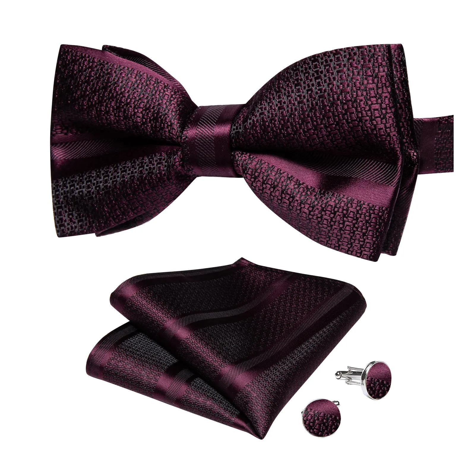 Claret Solid Silk Pre-tied Bow Tie Hanky Cufflinks Set