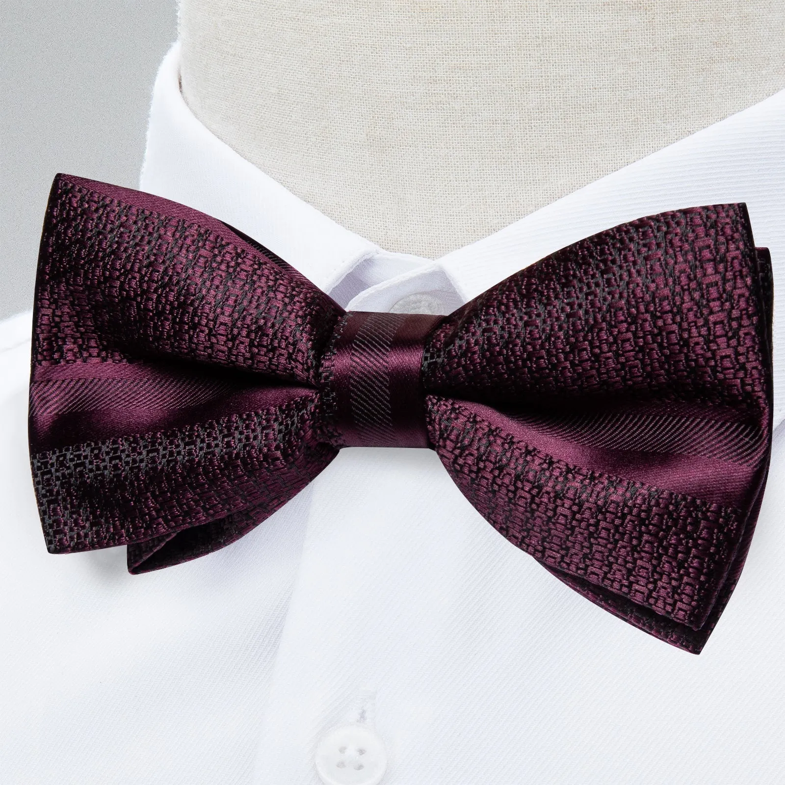 Claret Solid Silk Pre-tied Bow Tie Hanky Cufflinks Set