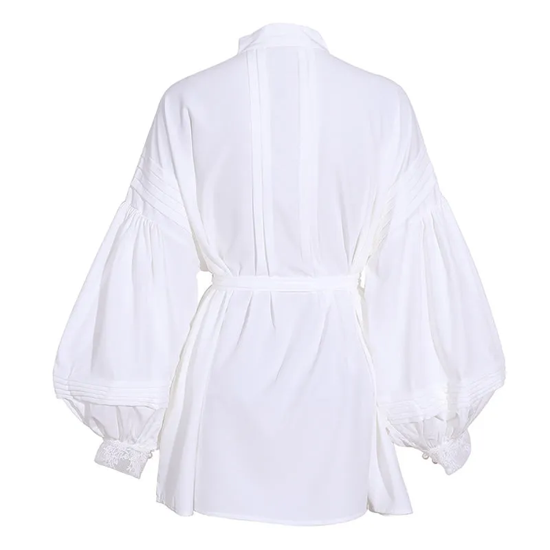Classy Mandarin Collar Half Button Pleated Bishop Sleeve Belted Oversized Blouse