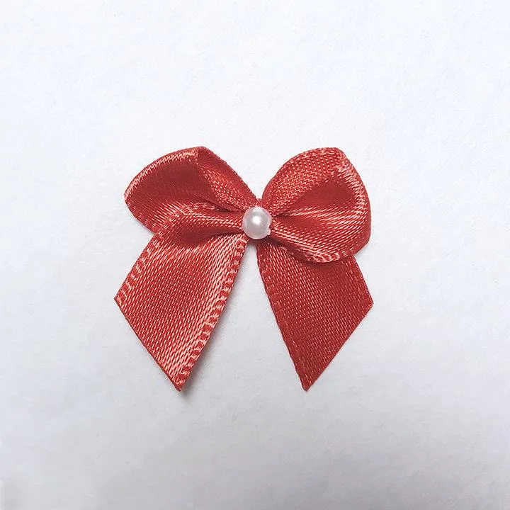 CLEARANCE– 1" (25mm) Small Satin Bows with Pearlesque Bead- 5 Pair