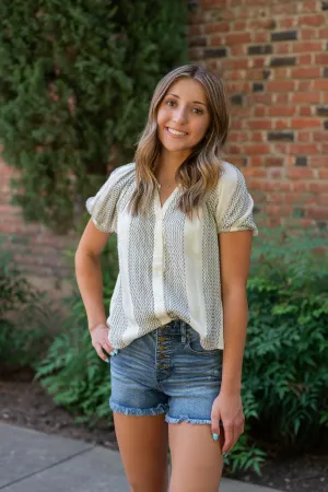 CLEARANCE - Vintage White Button Down Puff Sleeve Top