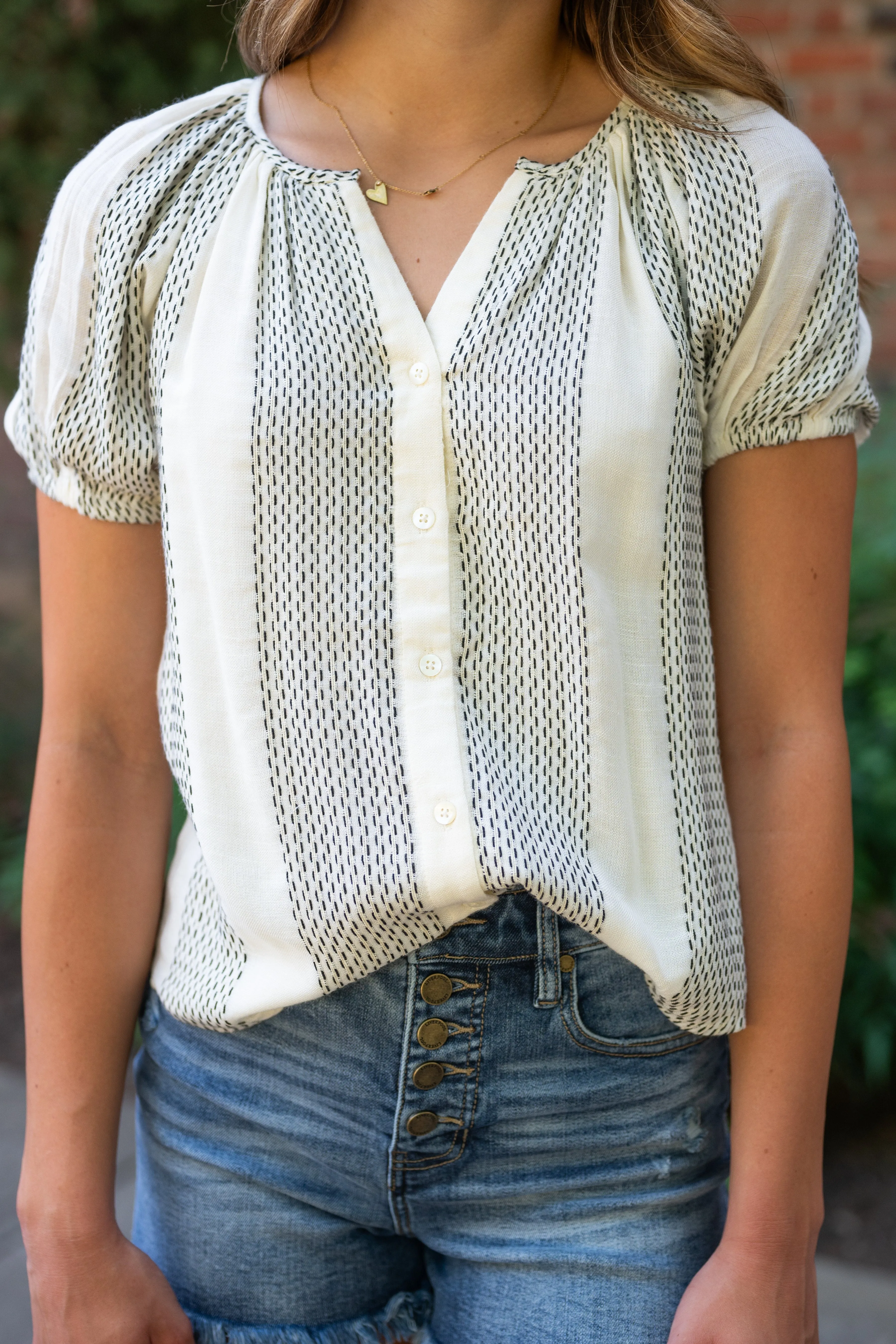 CLEARANCE - Vintage White Button Down Puff Sleeve Top