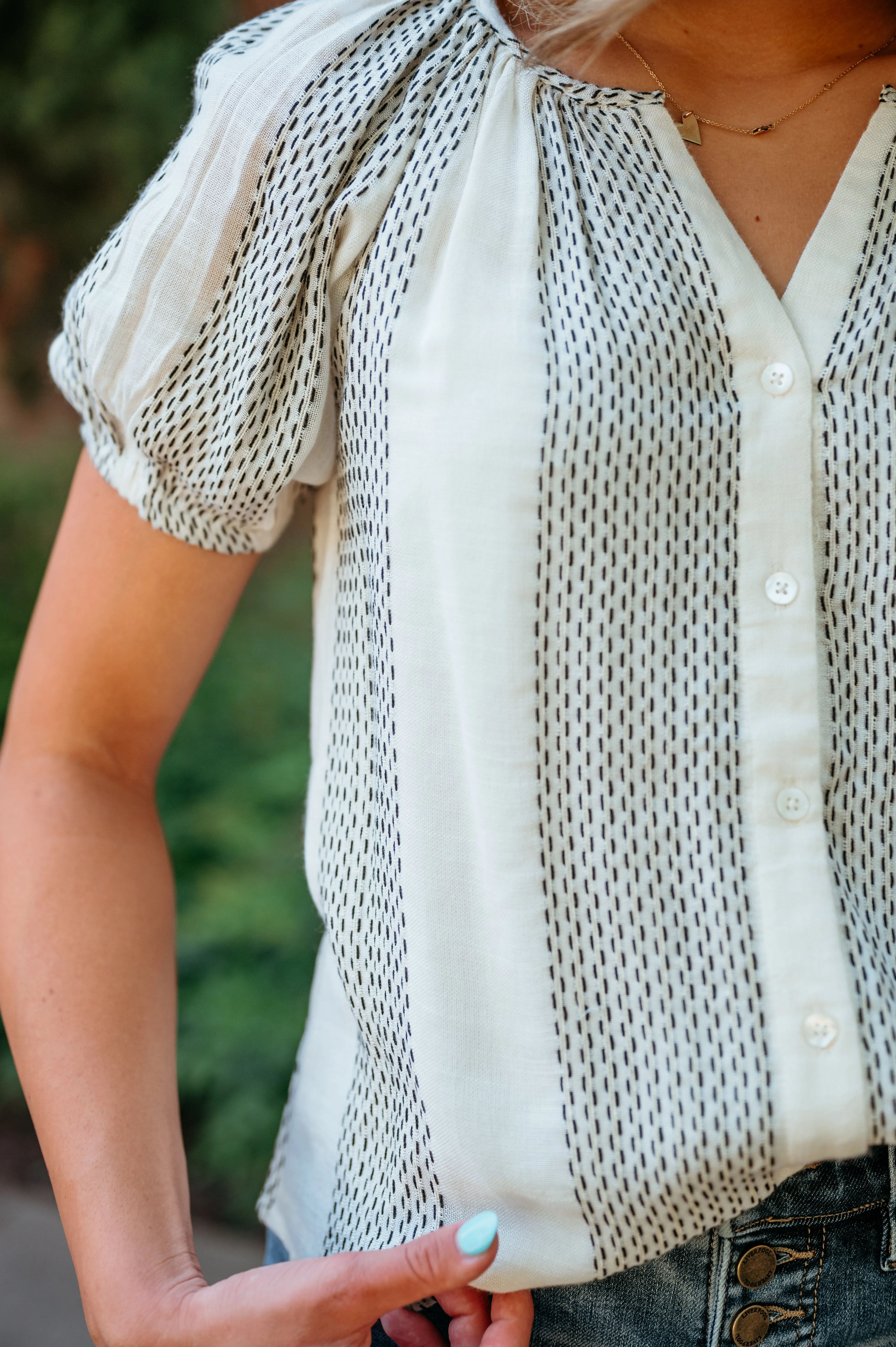 CLEARANCE - Vintage White Button Down Puff Sleeve Top