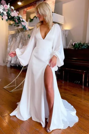 Clover | White Satin Simple A-Line Long Wedding Dress with Slit