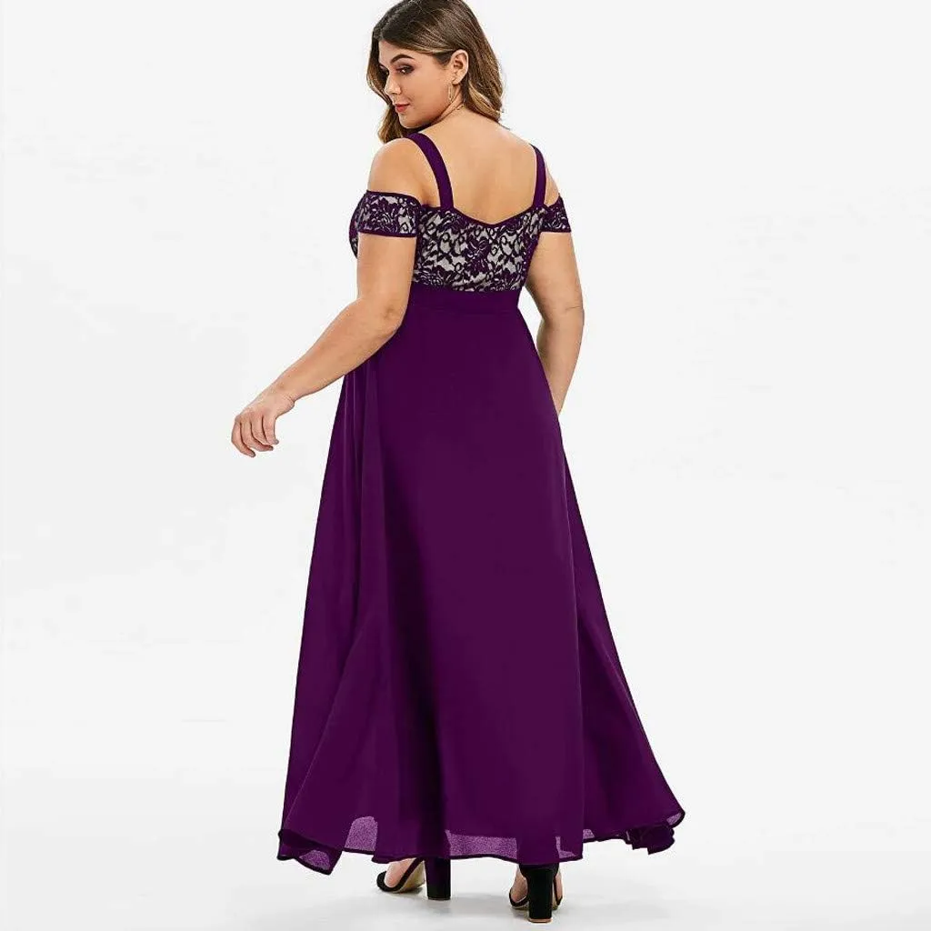 Cocktail Dresses for Women Wedding Guest, Womens Plus Size Lace Cold Shoulder Casual Long Plain Evening Party Maxi Dress