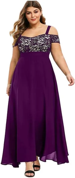 Cocktail Dresses for Women Wedding Guest, Womens Plus Size Lace Cold Shoulder Casual Long Plain Evening Party Maxi Dress