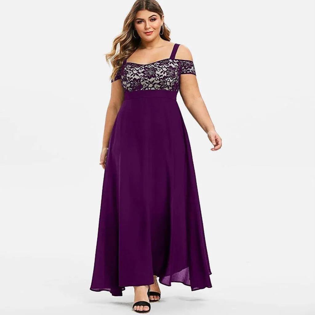 Cocktail Dresses for Women Wedding Guest, Womens Plus Size Lace Cold Shoulder Casual Long Plain Evening Party Maxi Dress