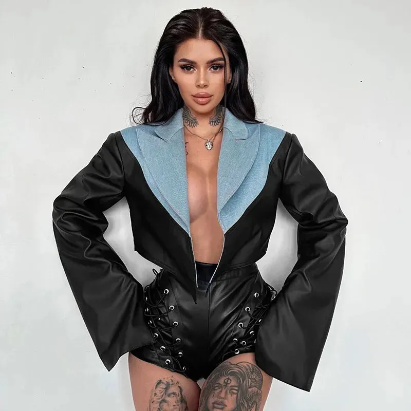 cold weather outfits Joskaa Fashion Sexy Women Denim Lapel PU Leather Jackets Zipper Crop Jacket Outerwear Party Lady Punk Leather Short Coats Jacket Autumn