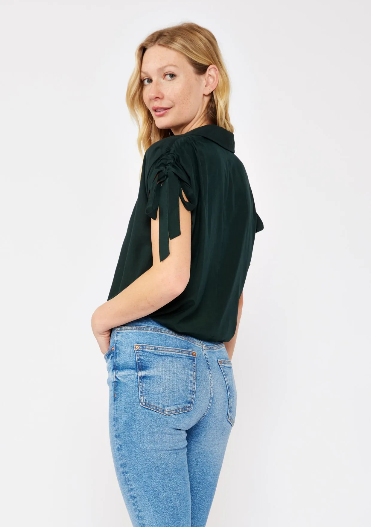 Collared Crop Blouse with Shoulder Tie Tunnels
