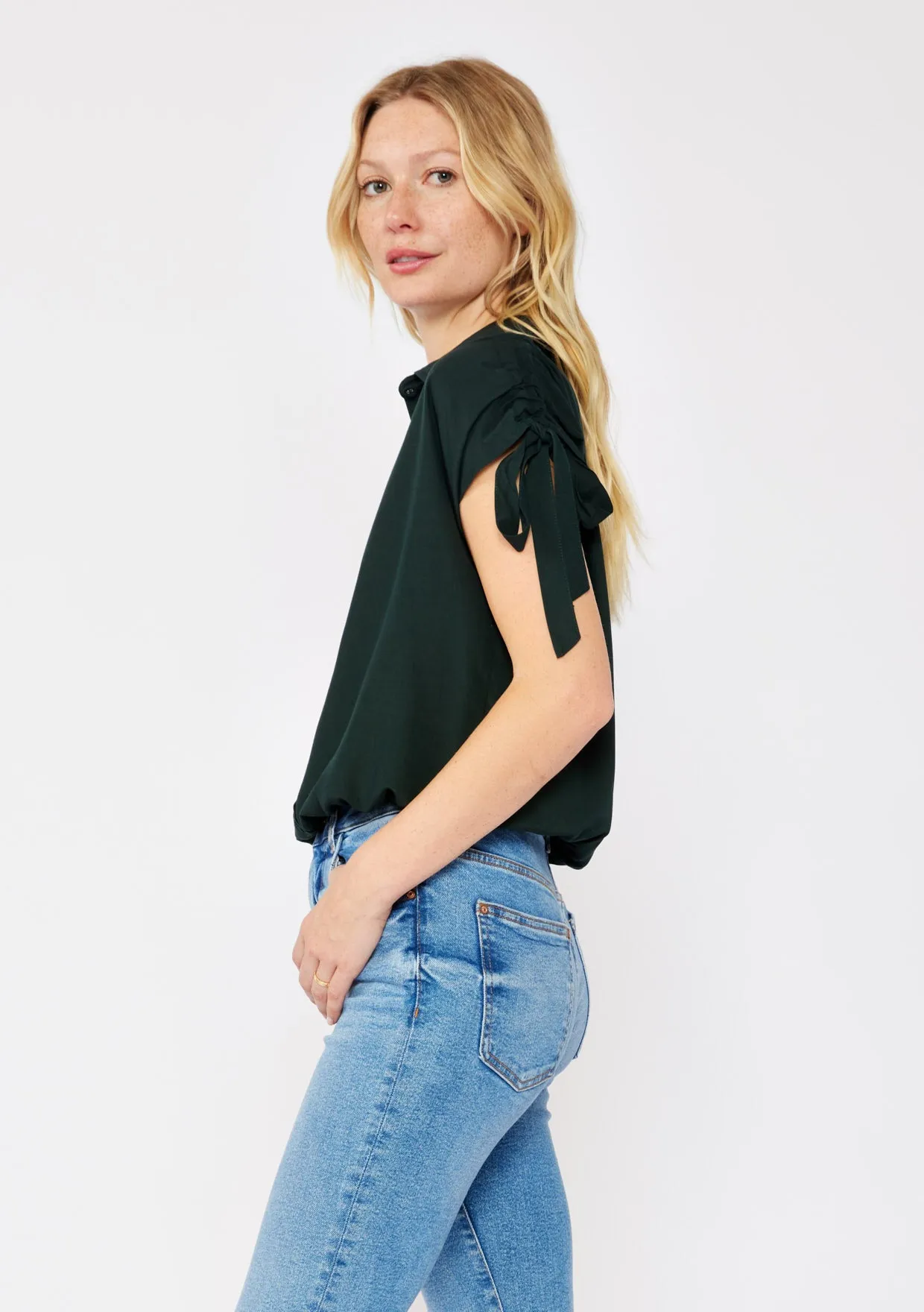 Collared Crop Blouse with Shoulder Tie Tunnels