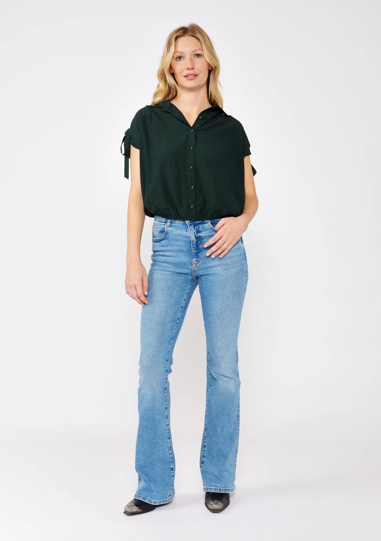 Collared Crop Blouse with Shoulder Tie Tunnels