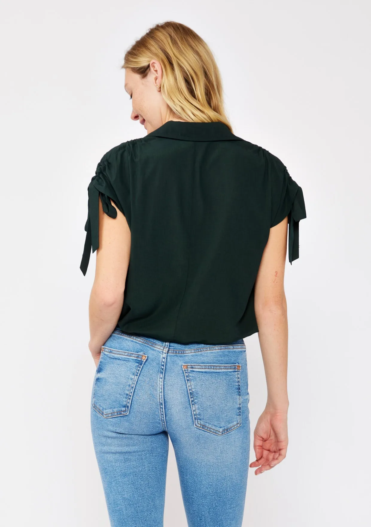 Collared Crop Blouse with Shoulder Tie Tunnels