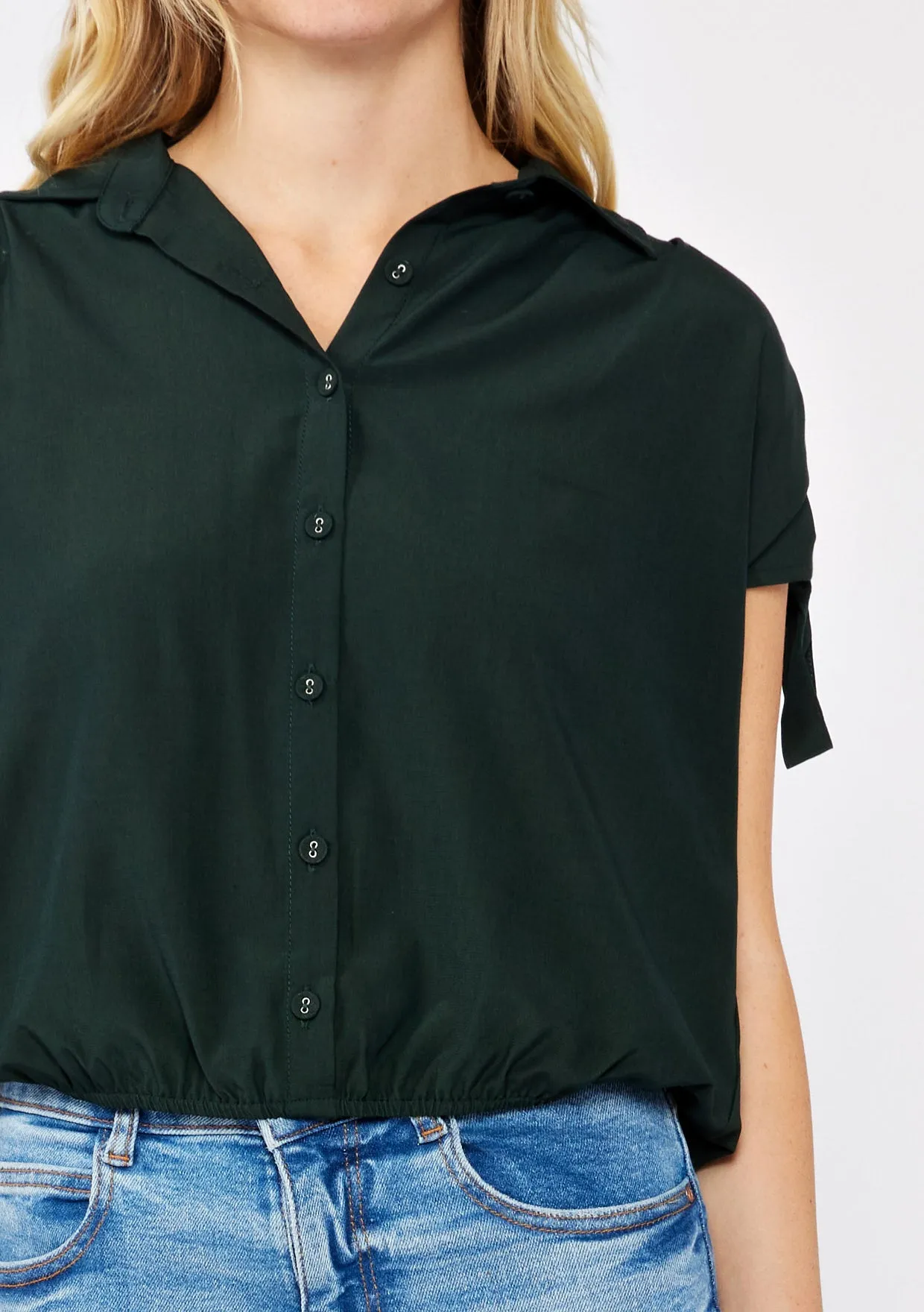 Collared Crop Blouse with Shoulder Tie Tunnels
