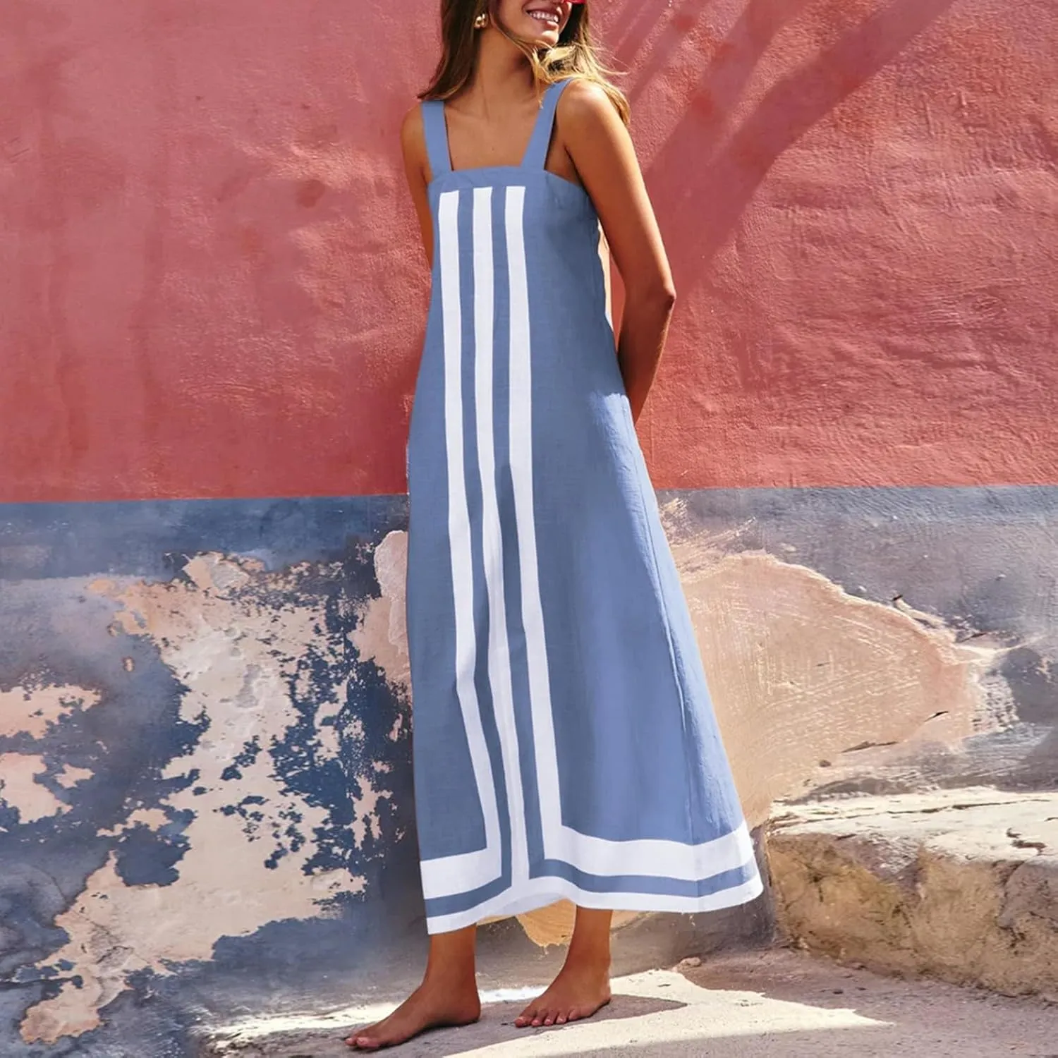 Color Block Dress for Women Beach Vacation Linen Summer Maxi Dresses Bohemian Square Neck Long Sundress Overall Dress
