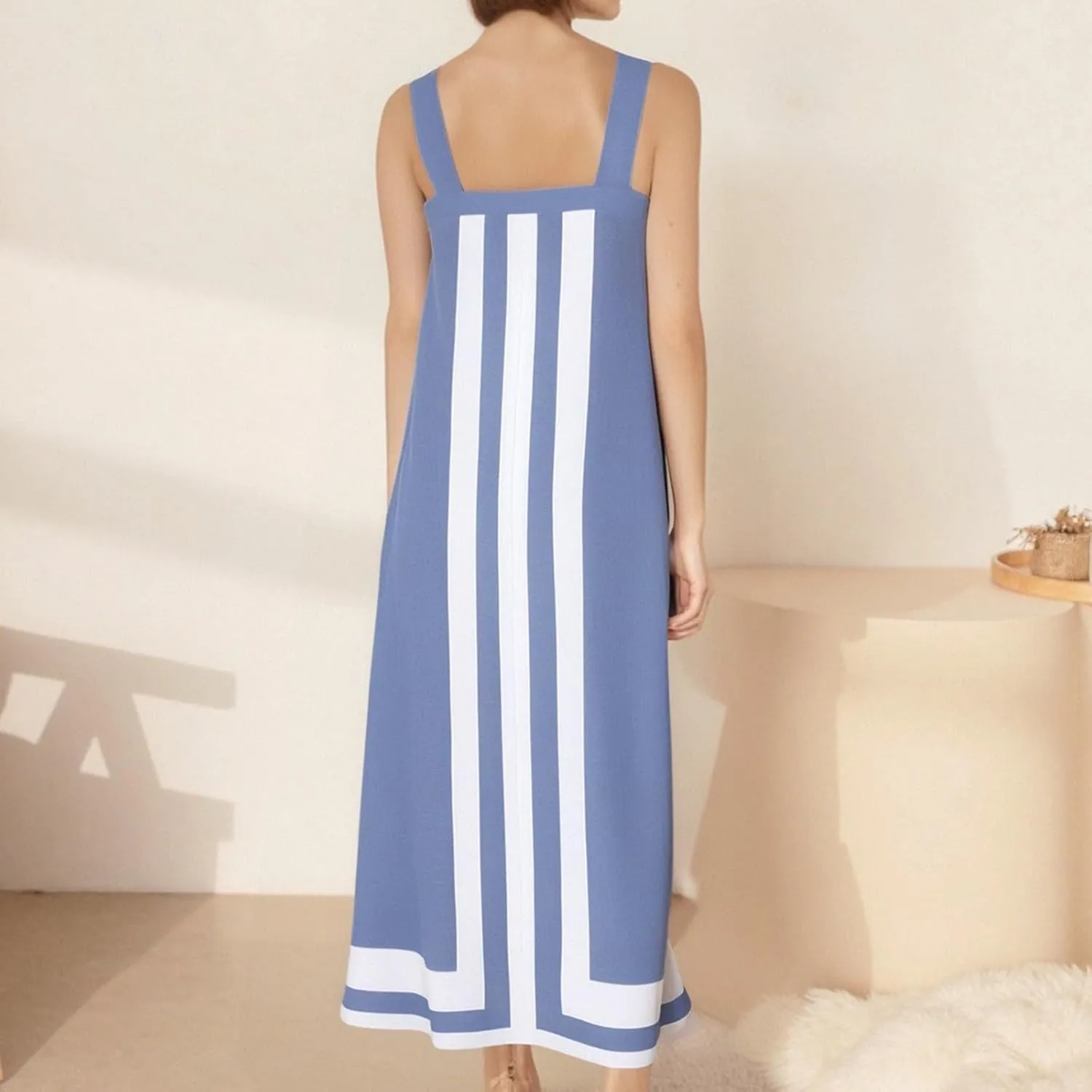 Color Block Dress for Women Beach Vacation Linen Summer Maxi Dresses Bohemian Square Neck Long Sundress Overall Dress