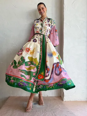 Colorful Print Lantern Sleeve Long Shirt Dress