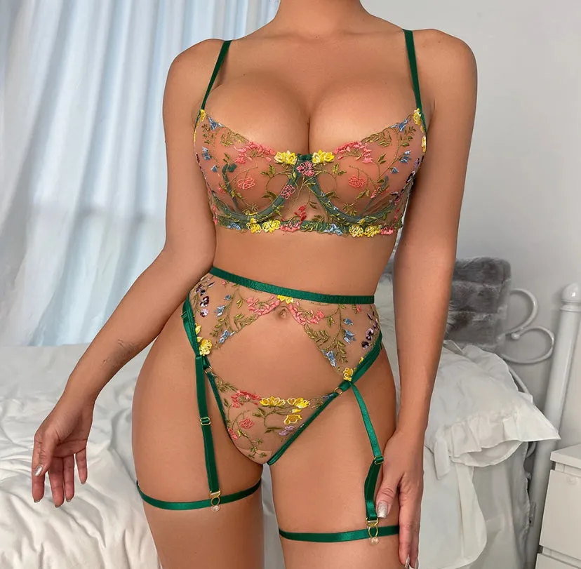 Coloured Floral Lace Underwear Set