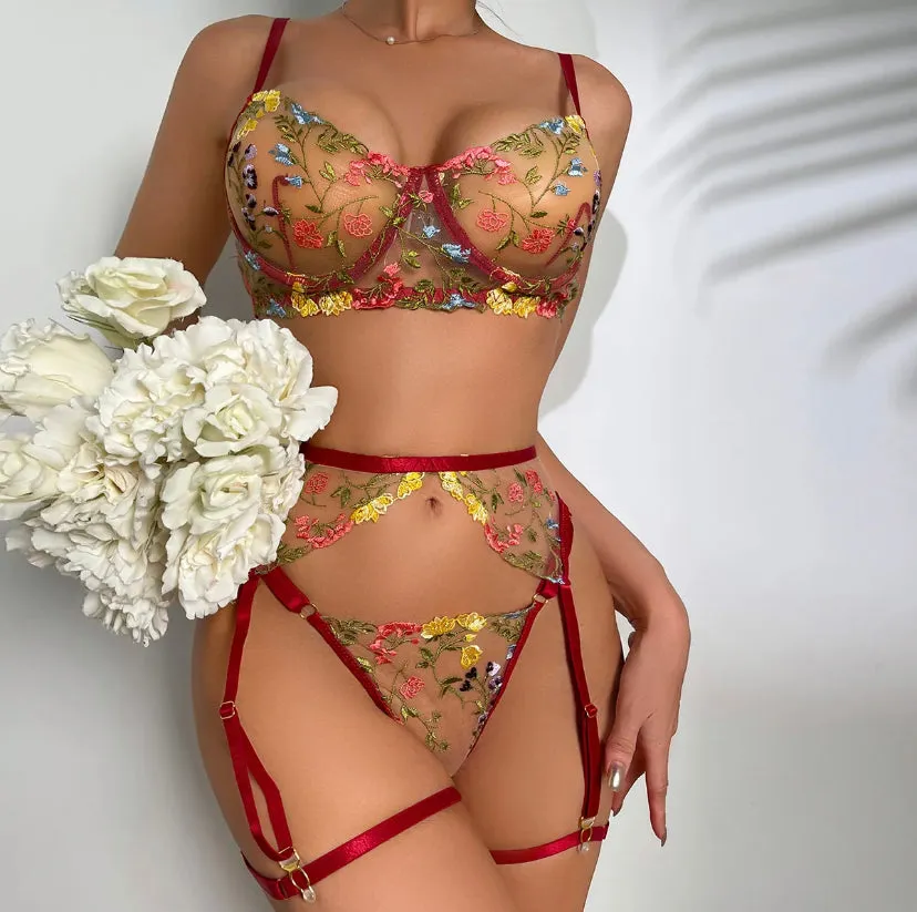 Coloured Floral Lace Underwear Set