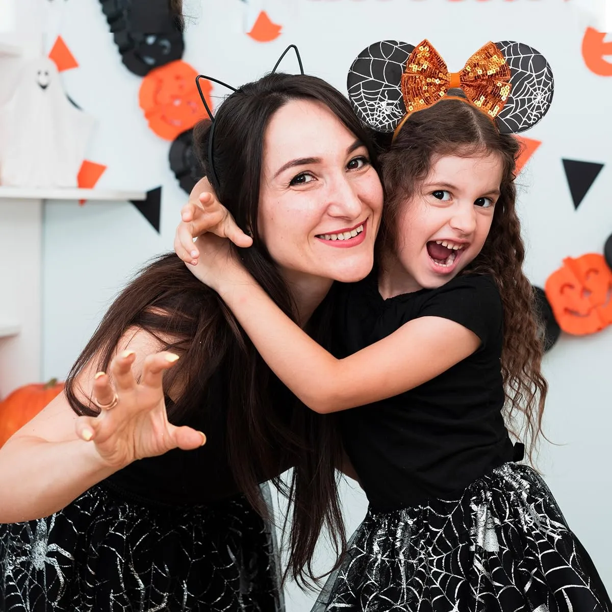CONERY Halloween Mouse Ear Headband Orange Sequin Bow Hair Hoop Spider Web Hair band Hair Accessories for Halloween Decorations Party Supplies Headwear for Women Girls