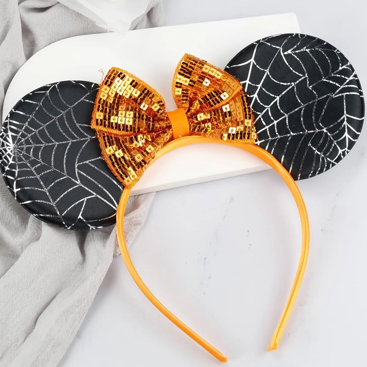 CONERY Halloween Mouse Ear Headband Orange Sequin Bow Hair Hoop Spider Web Hair band Hair Accessories for Halloween Decorations Party Supplies Headwear for Women Girls