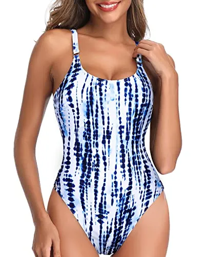Contoured Soft Padded Push Up Bra Tall One Piece Swimsuits For Women-Blue Tie Dye
