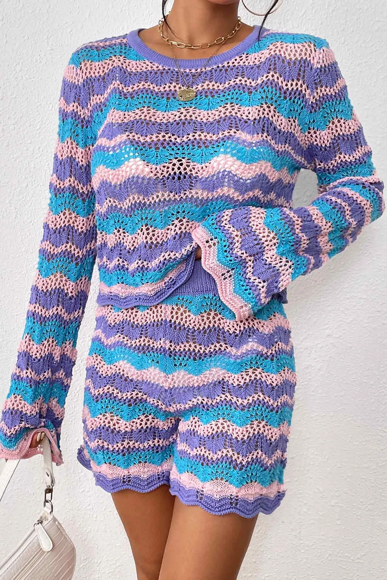 Contrast Patchwork Hollow Out Sweater Shorts Set