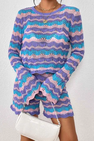 Contrast Patchwork Hollow Out Sweater Shorts Set