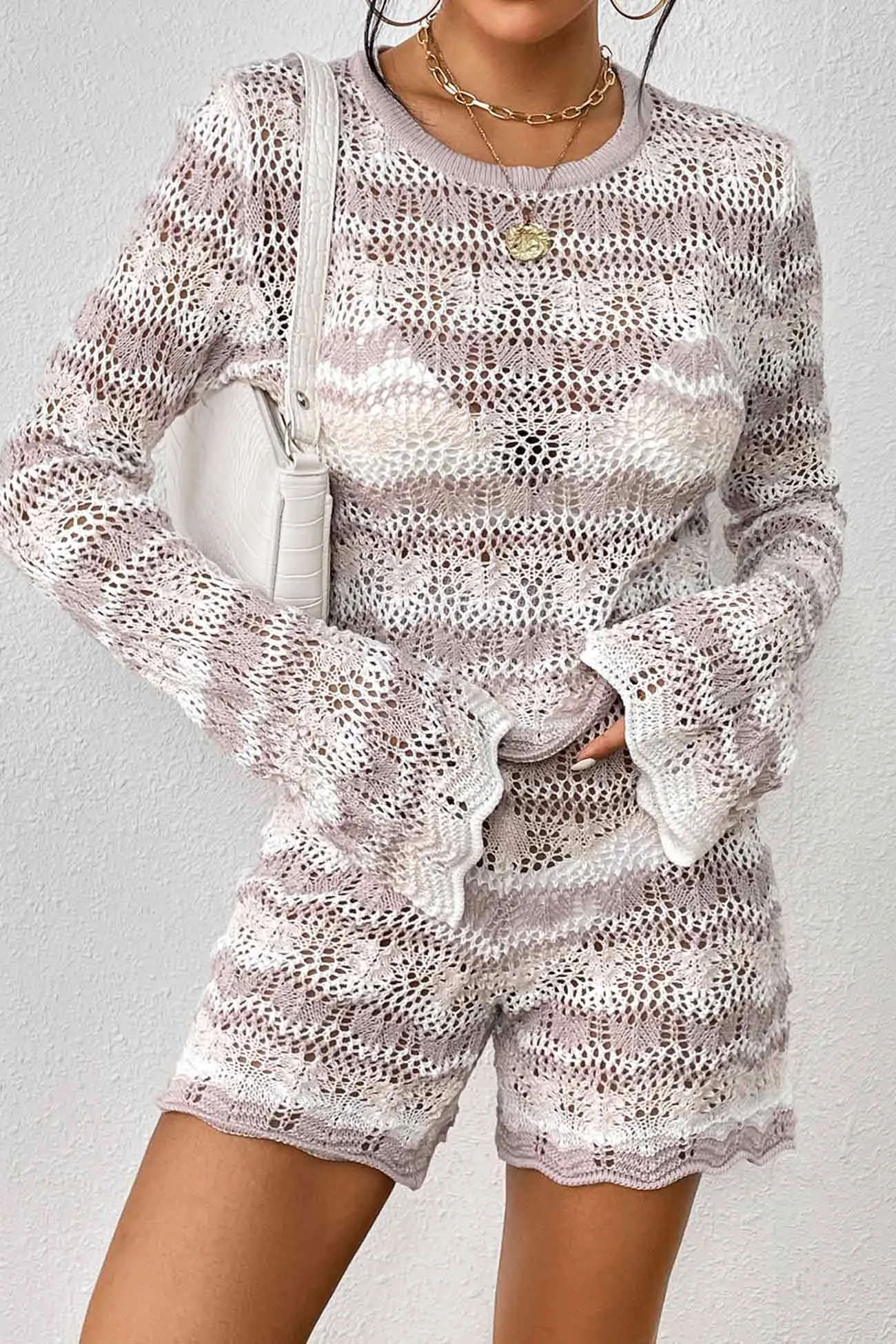Contrast Patchwork Hollow Out Sweater Shorts Set