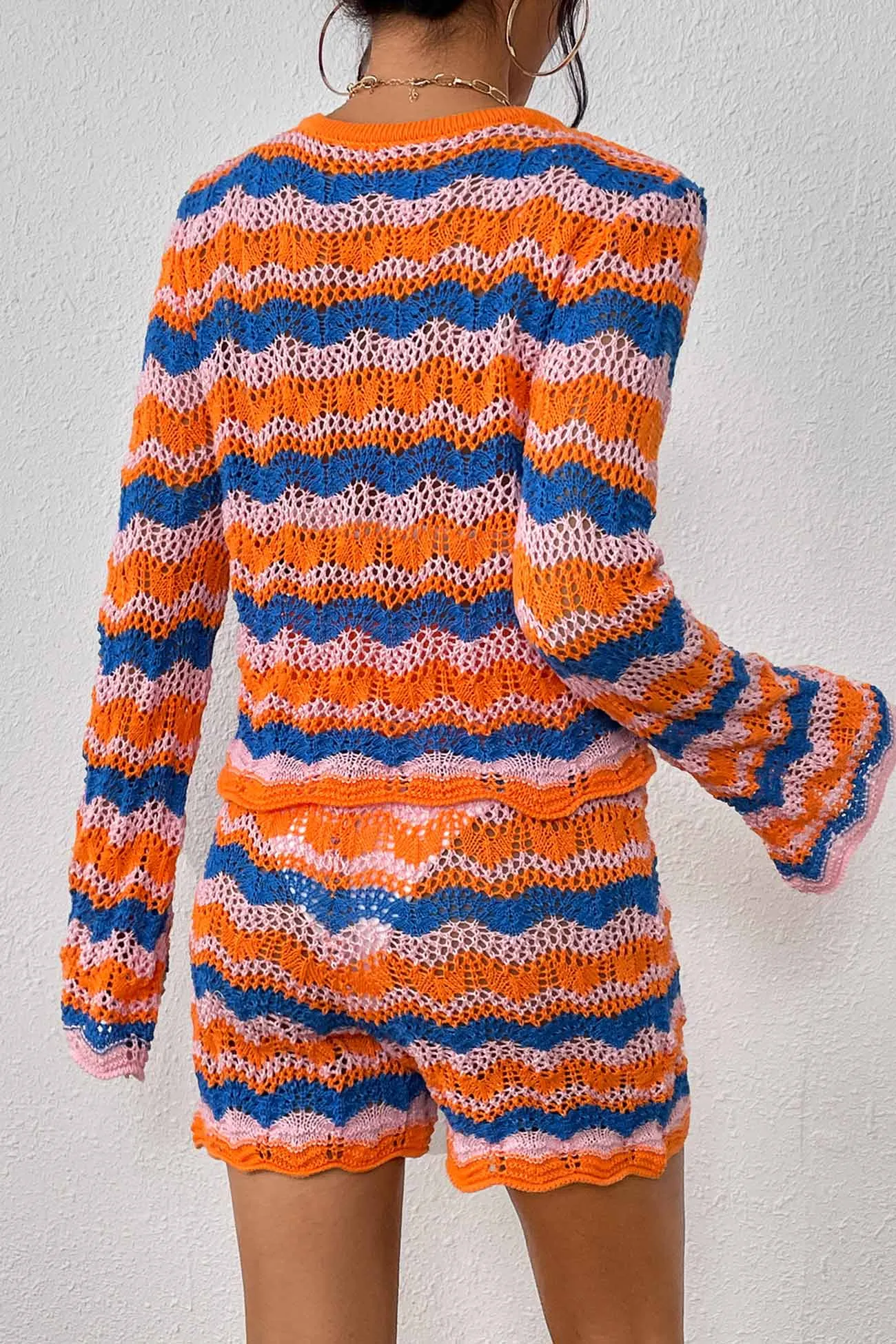 Contrast Patchwork Hollow Out Sweater Shorts Set