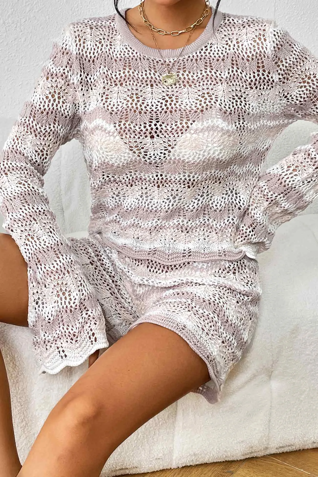 Contrast Patchwork Hollow Out Sweater Shorts Set