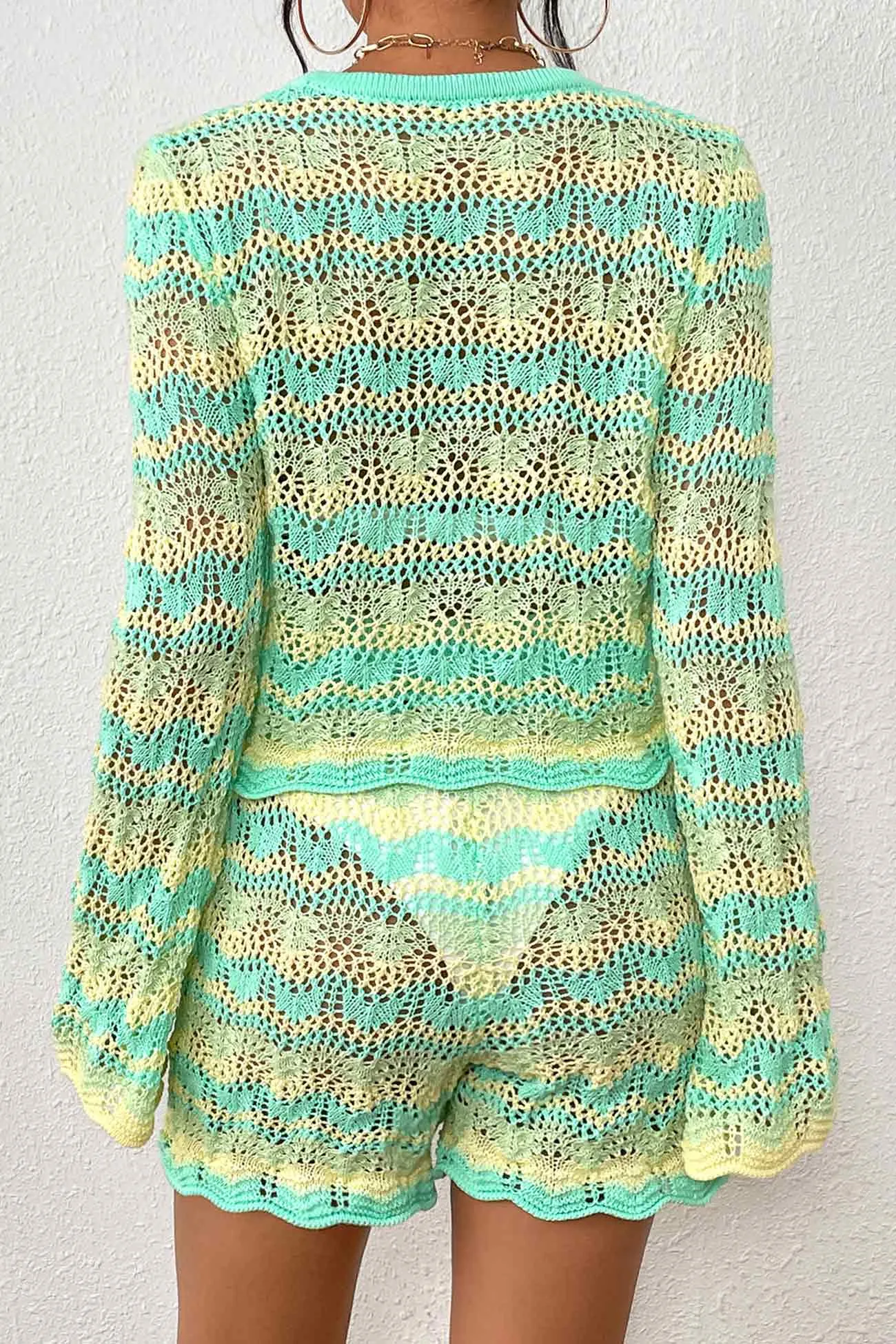 Contrast Patchwork Hollow Out Sweater Shorts Set